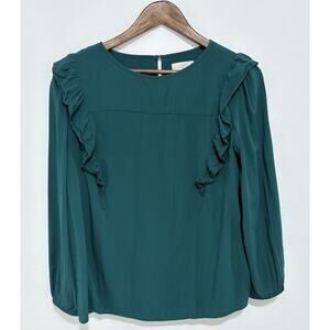 LOFT Outlet Blouse Small Green Ruffle Long Sleeve Rayon Keyhole Back Top
